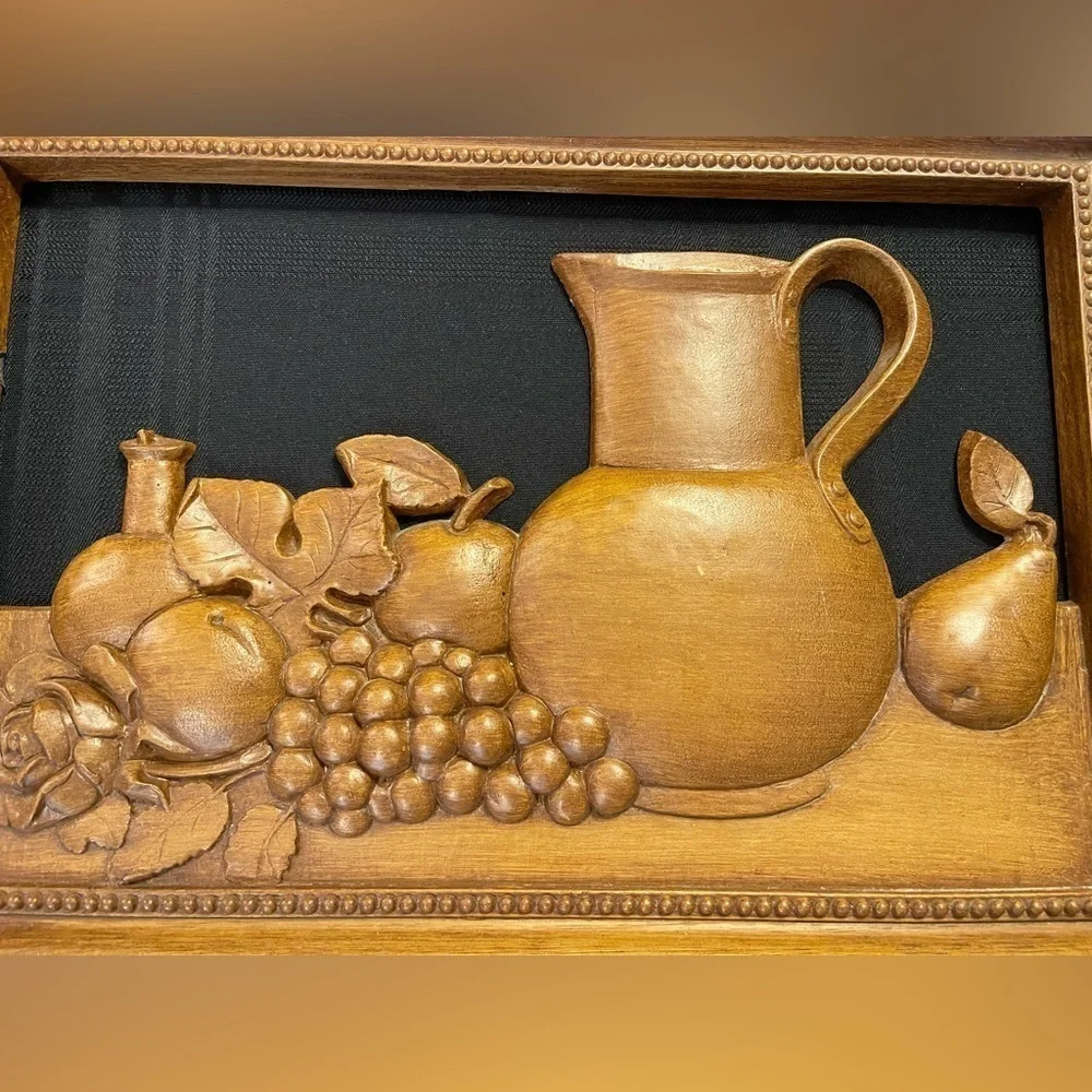 Syroco 1972 wood look pitcher & fruit rectangular wall art 16” x 11”. Rare find!